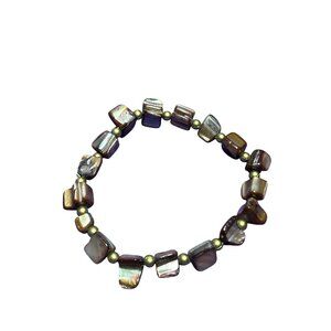 Shell Beaded Stretchy Bracelet Goldtone Spacer Beads 6.75 inches Unstretched